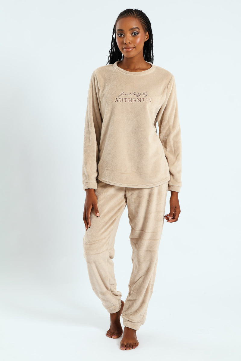 Long Sleeve Embroidered Authentic Cosy Sleep Set - Light Brown