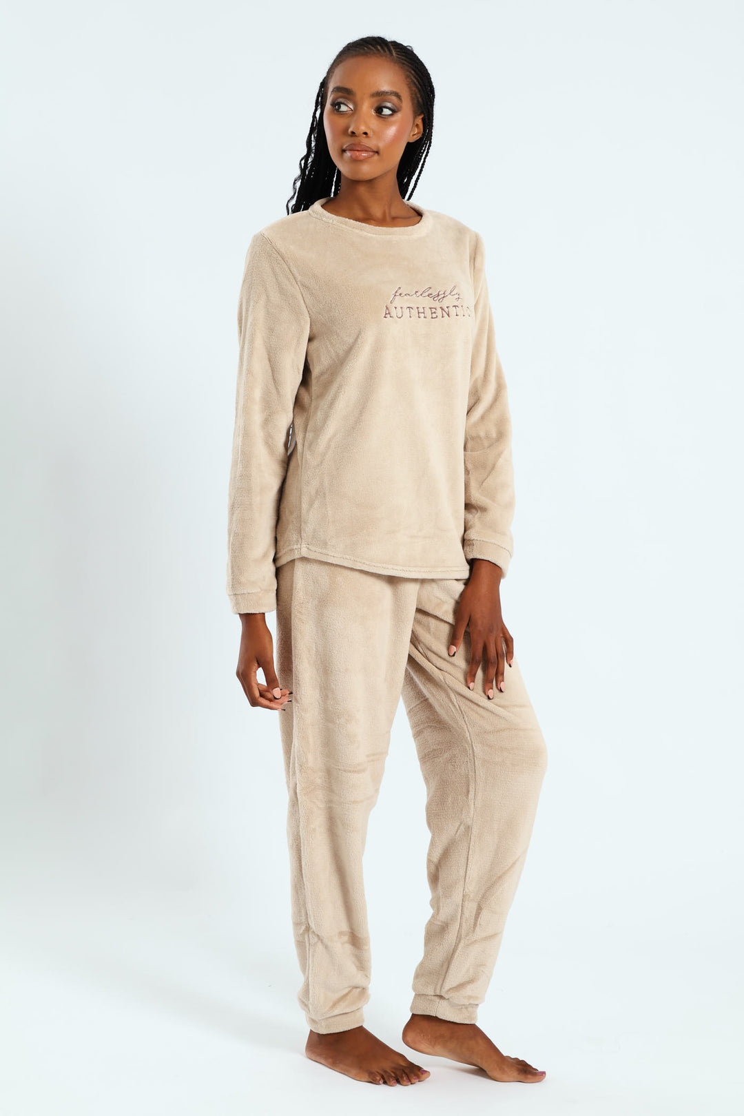 Long Sleeve Embroidered Authentic Cosy Sleep Set - Light Brown