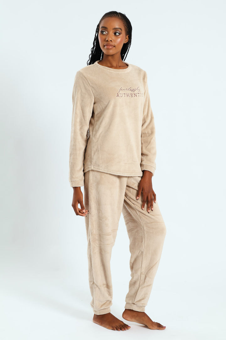 Long Sleeve Embroidered Authentic Cosy Sleep Set - Light Brown