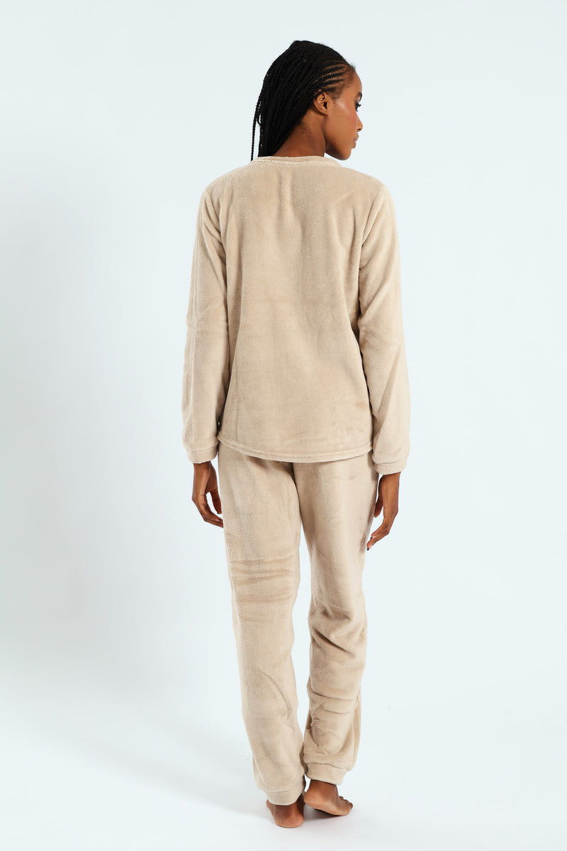 Long Sleeve Embroidered Authentic Cosy Sleep Set - Light Brown