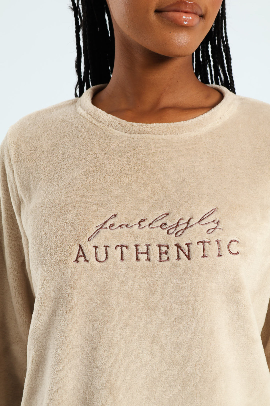 Long Sleeve Embroidered Authentic Cosy Sleep Set - Light Brown