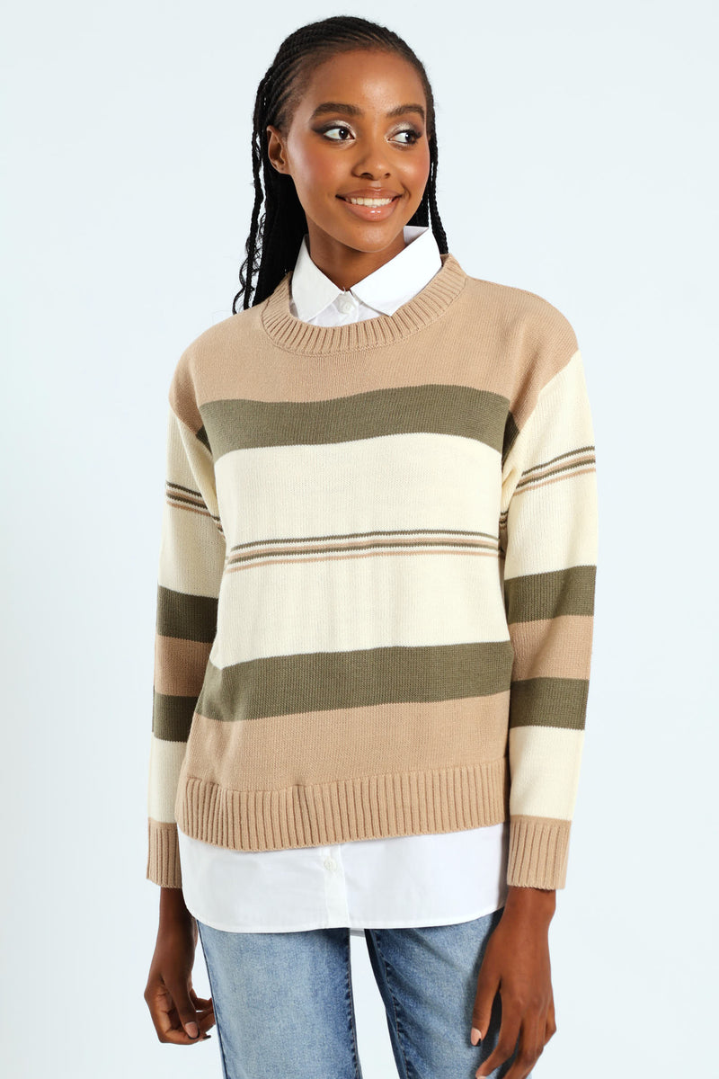 Stripe Twofer Knitwear - Fatigue/Cream