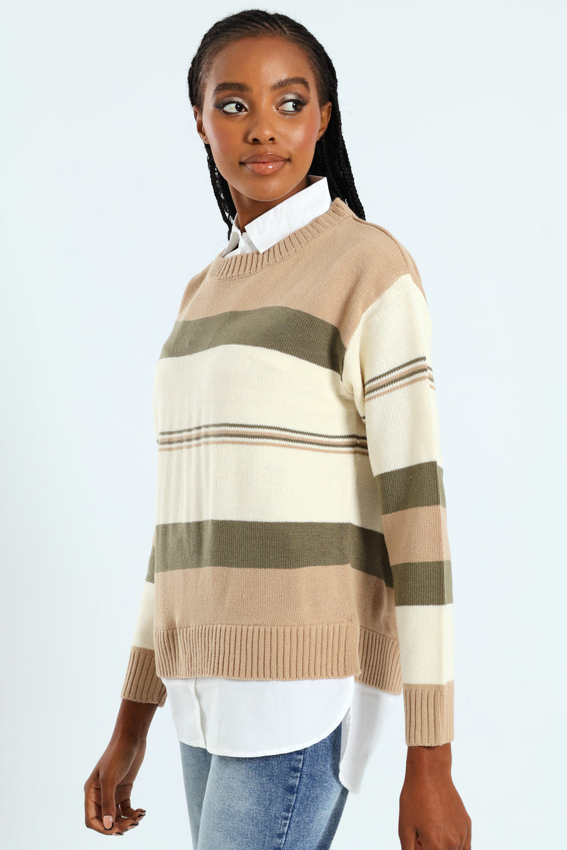 Stripe Twofer Knitwear - Fatigue/Cream