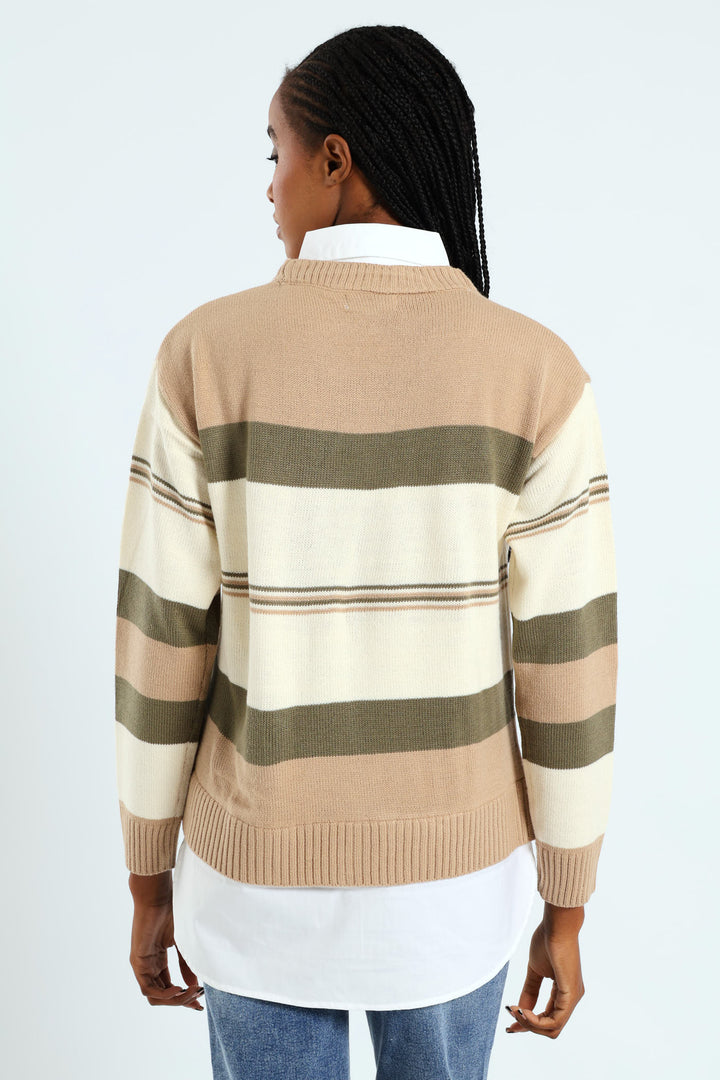 Stripe Twofer Knitwear - Fatigue/Cream