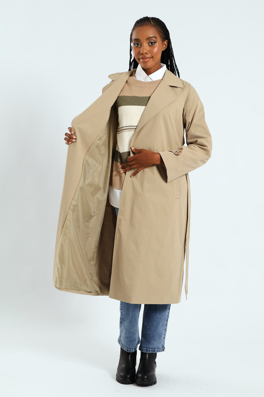 Wrap Trench Coat With Self Belt - Khaki