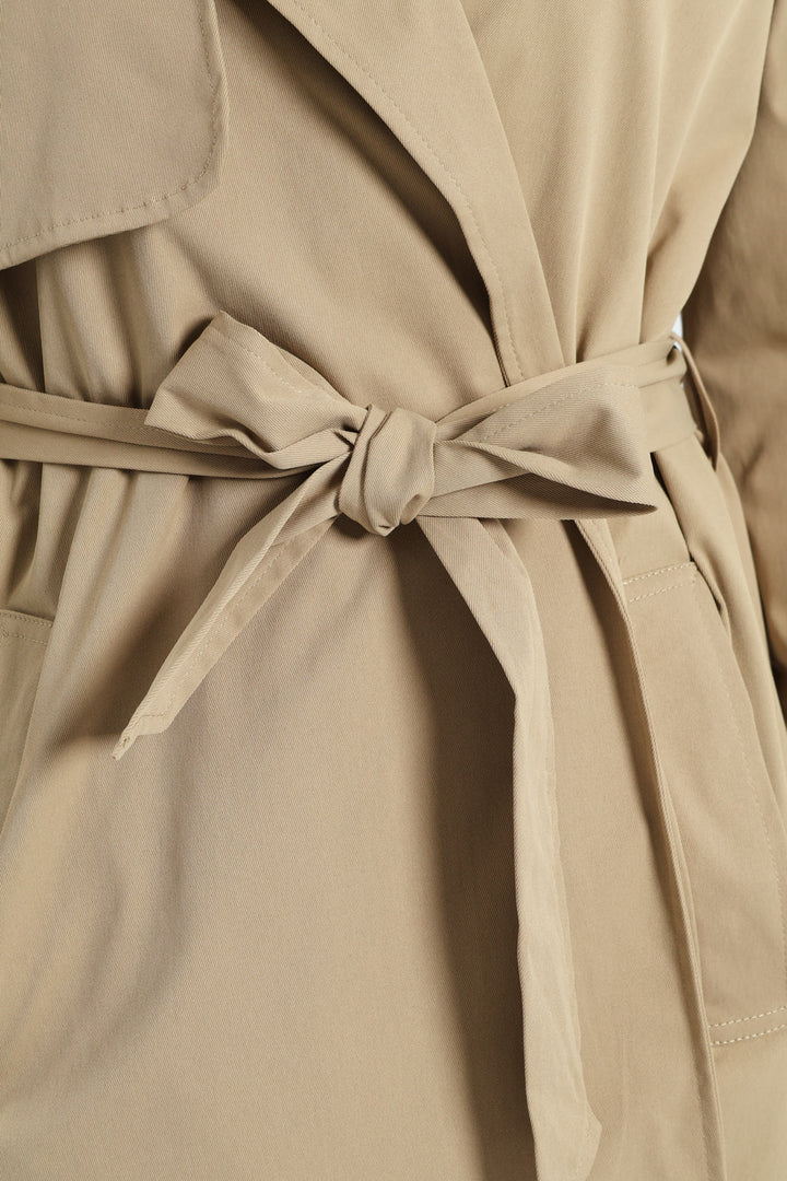 Wrap Trench Coat With Self Belt - Khaki