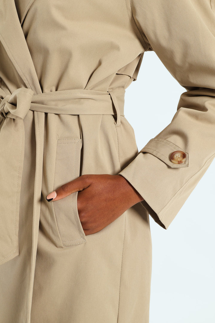 Wrap Trench Coat With Self Belt - Khaki