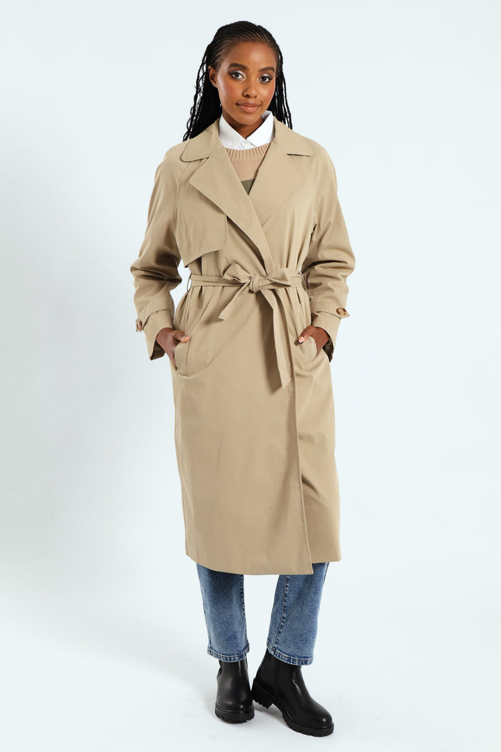 Wrap Trench Coat With Self Belt - Khaki
