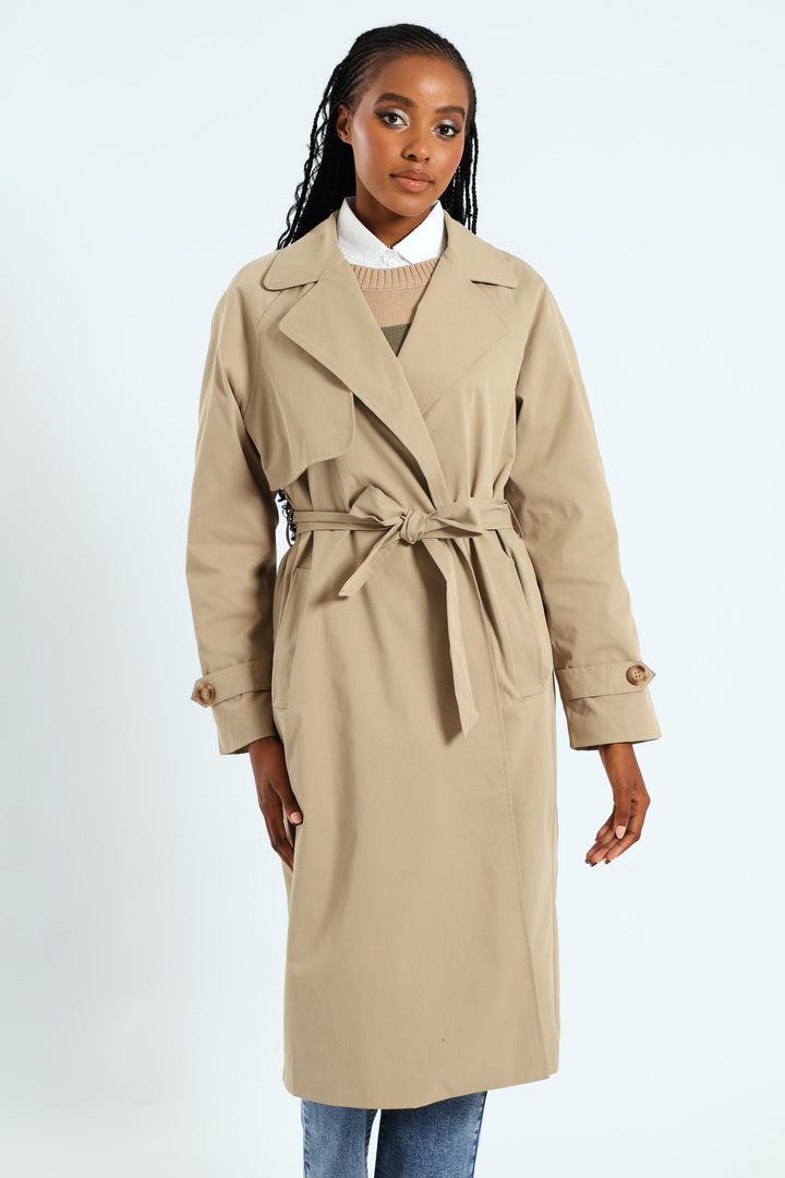 Wrap Trench Coat With Self Belt - Khaki