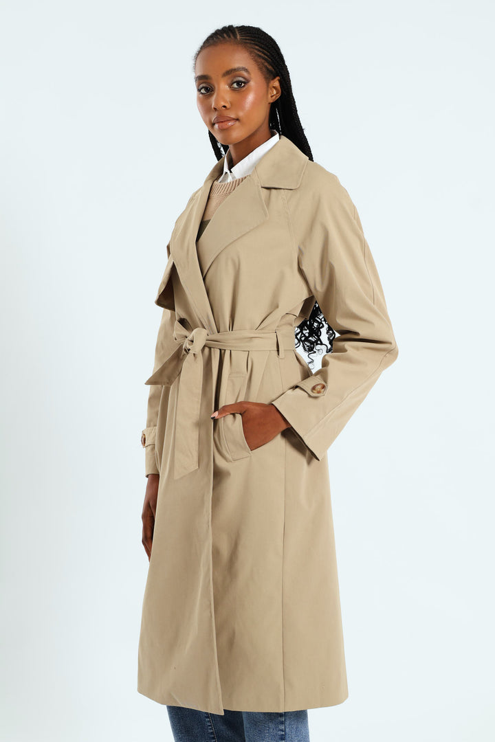 Wrap Trench Coat With Self Belt - Khaki