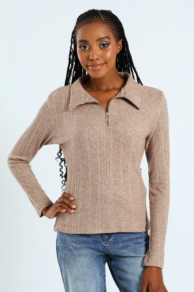 Long Sleeve Zip Through Collar Tee - Oatmeal Melange