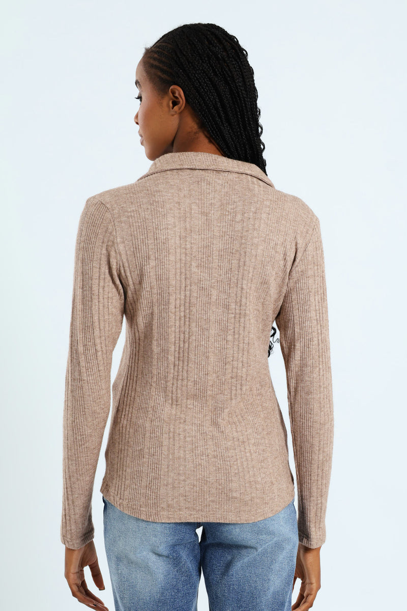 Long Sleeve Zip Through Collar Tee - Oatmeal Melange