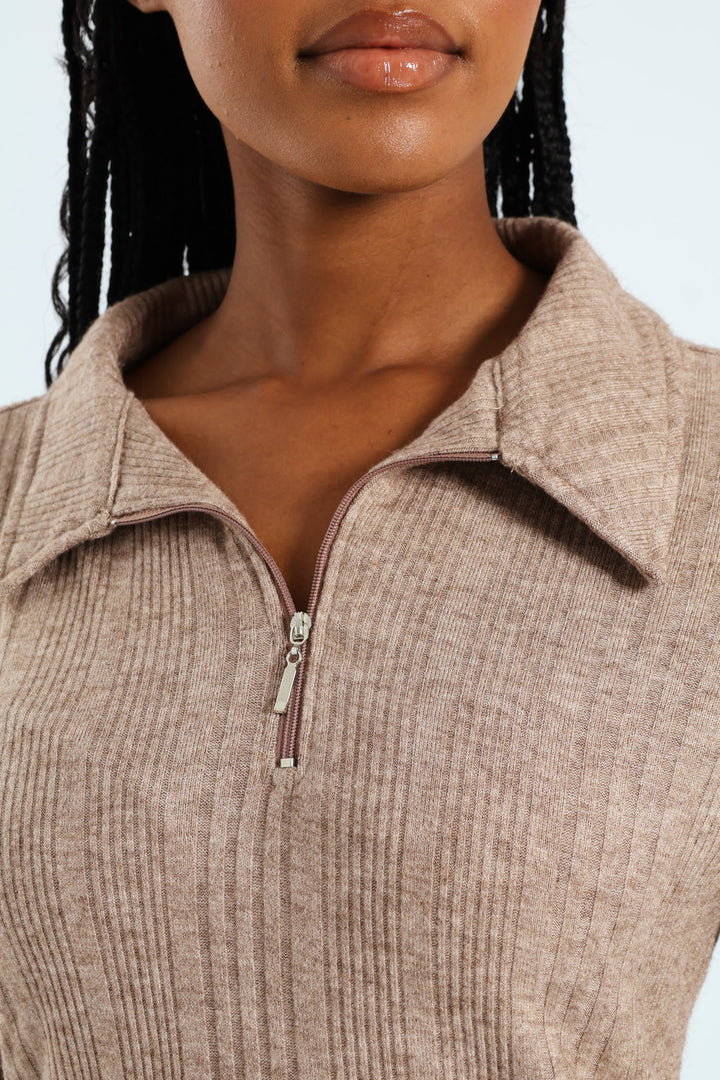 Long Sleeve Zip Through Collar Tee - Oatmeal Melange