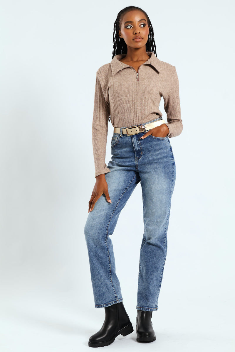 Hi-Rise Belted Straight Leg Jean - Dark Wash
