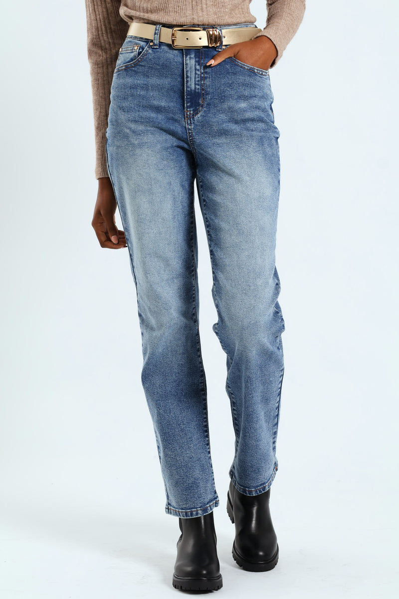 Hi-Rise Belted Straight Leg Jean - Dark Wash