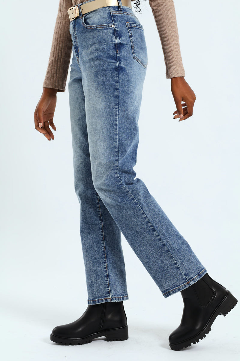 Hi-Rise Belted Straight Leg Jean - Dark Wash