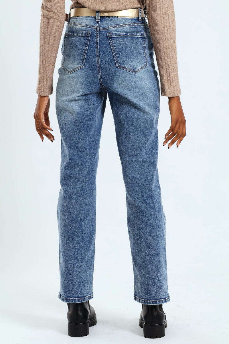 Hi-Rise Belted Straight Leg Jean - Dark Wash