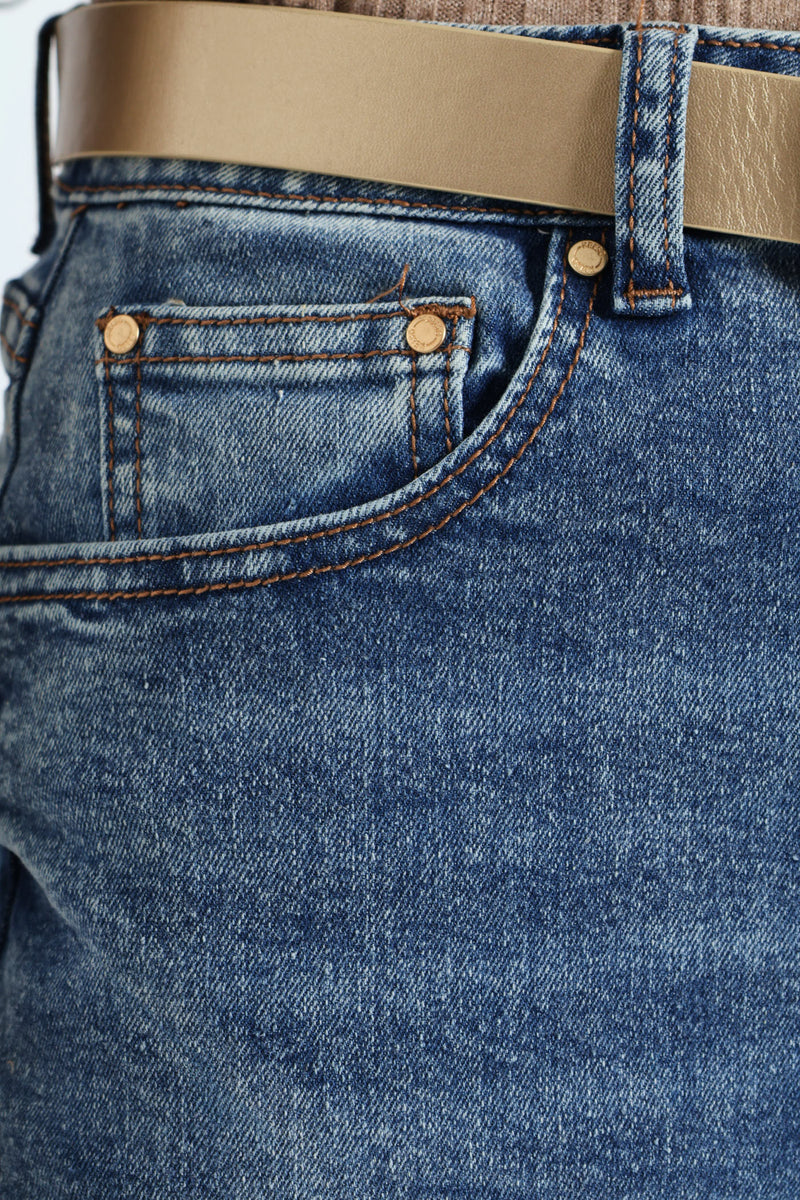 Hi-Rise Belted Straight Leg Jean - Dark Wash