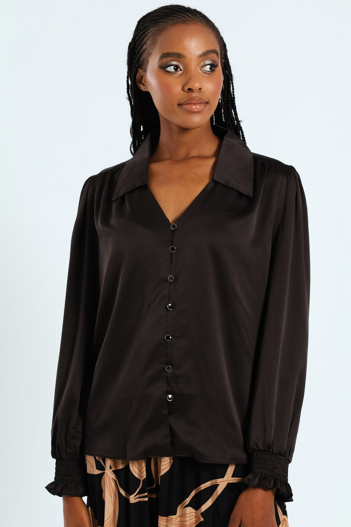V - Neck Shirred Cuff Satin Shirt - Black