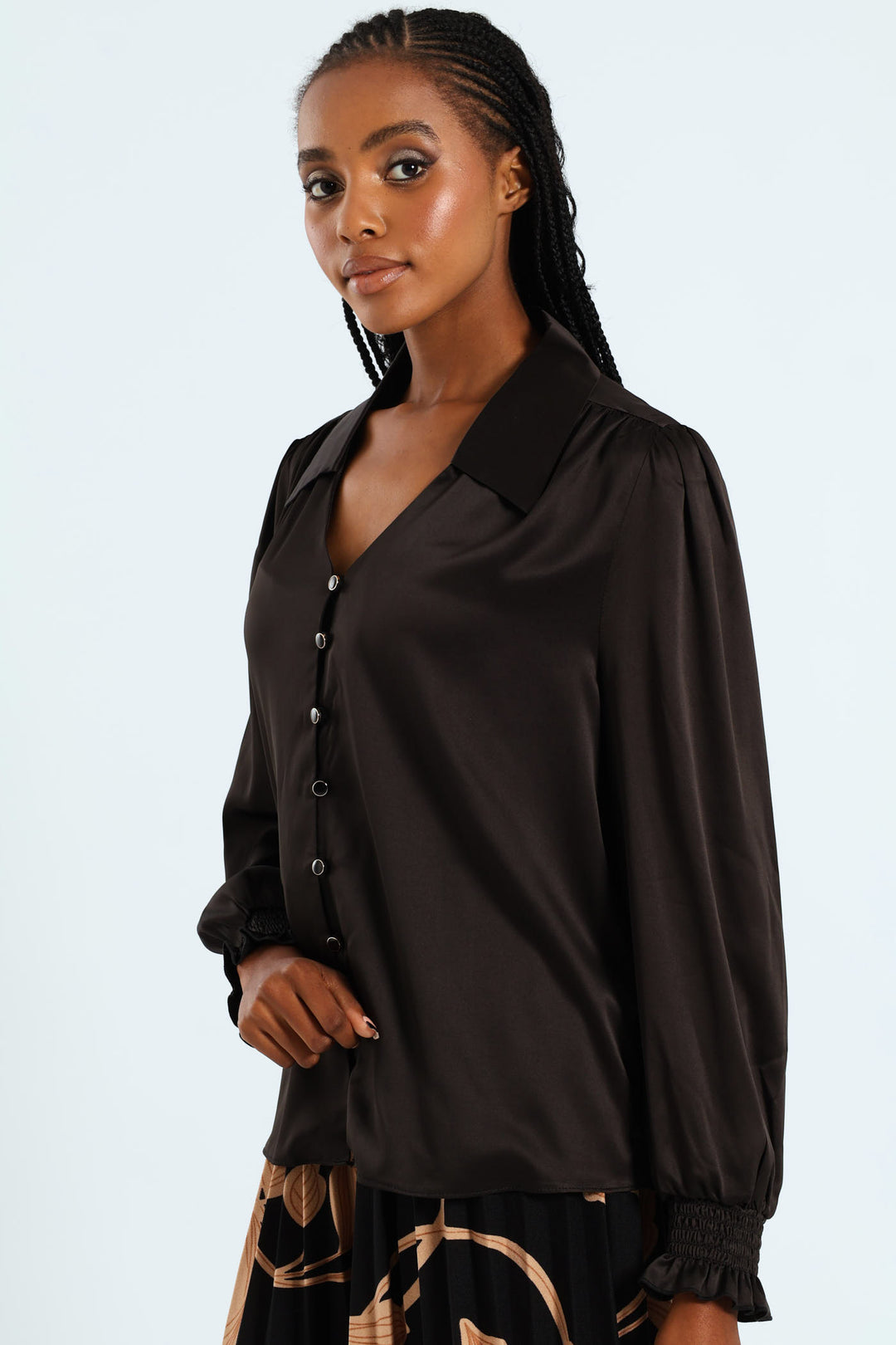 V - Neck Shirred Cuff Satin Shirt - Black