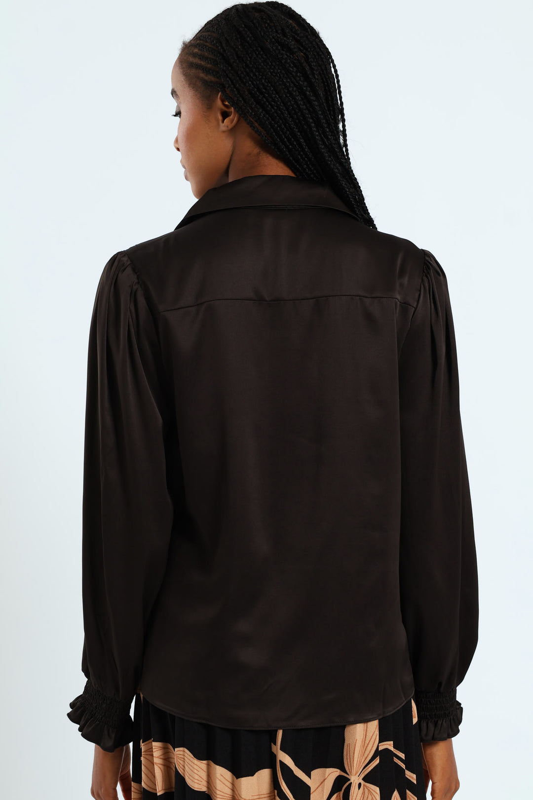 V - Neck Shirred Cuff Satin Shirt - Black