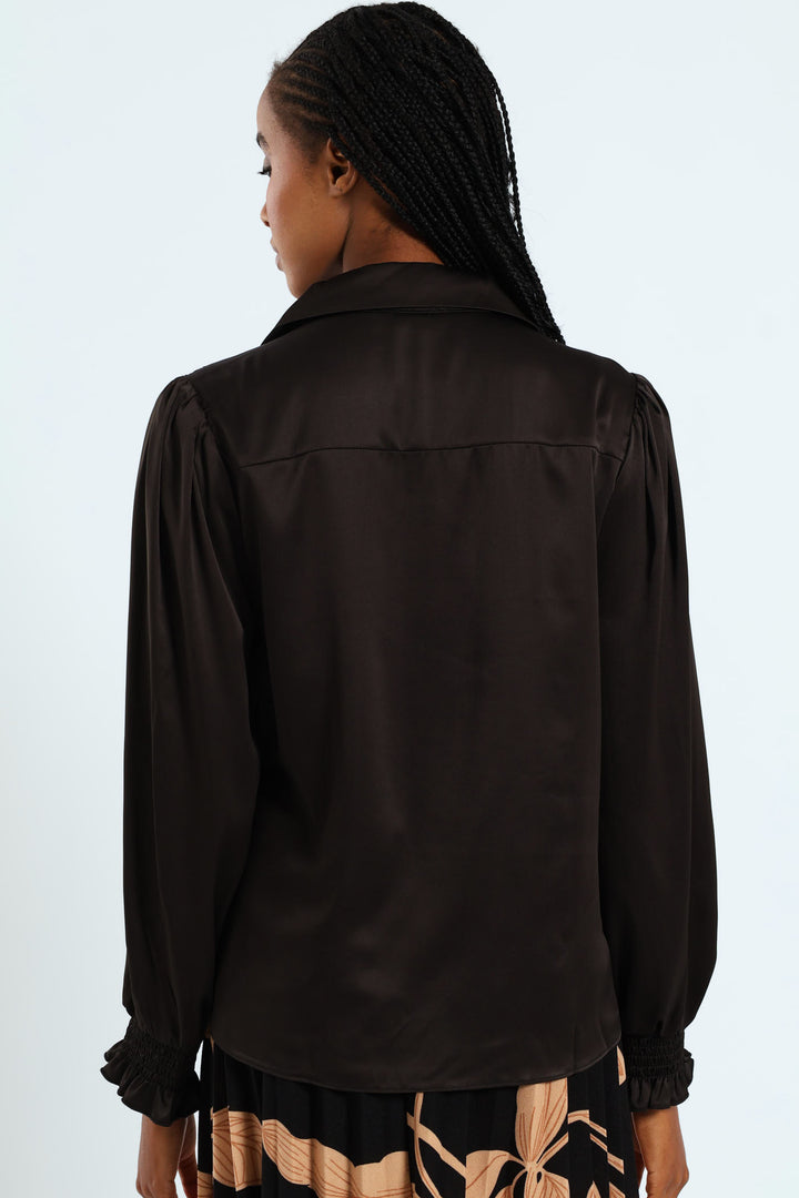V - Neck Shirred Cuff Satin Shirt - Black