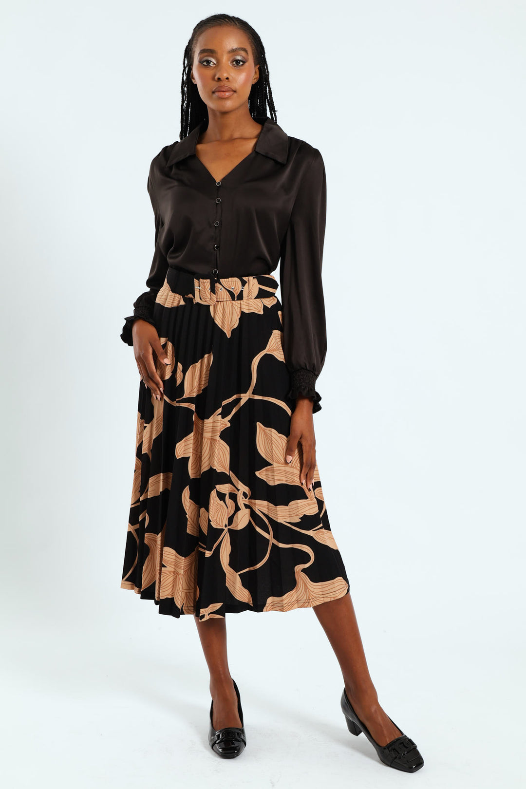 V - Neck Shirred Cuff Satin Shirt - Black