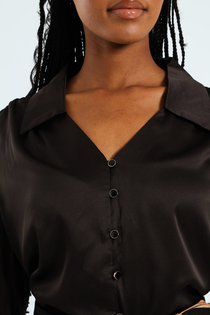 V - Neck Shirred Cuff Satin Shirt - Black