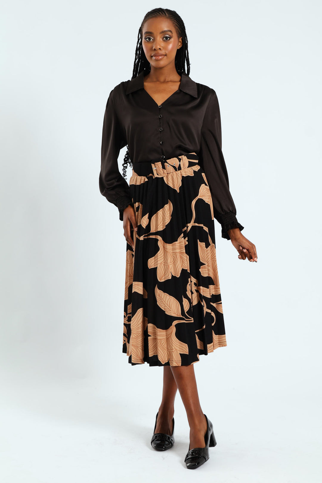 Monochrome Pleated Midi Skirt - Black/Tan