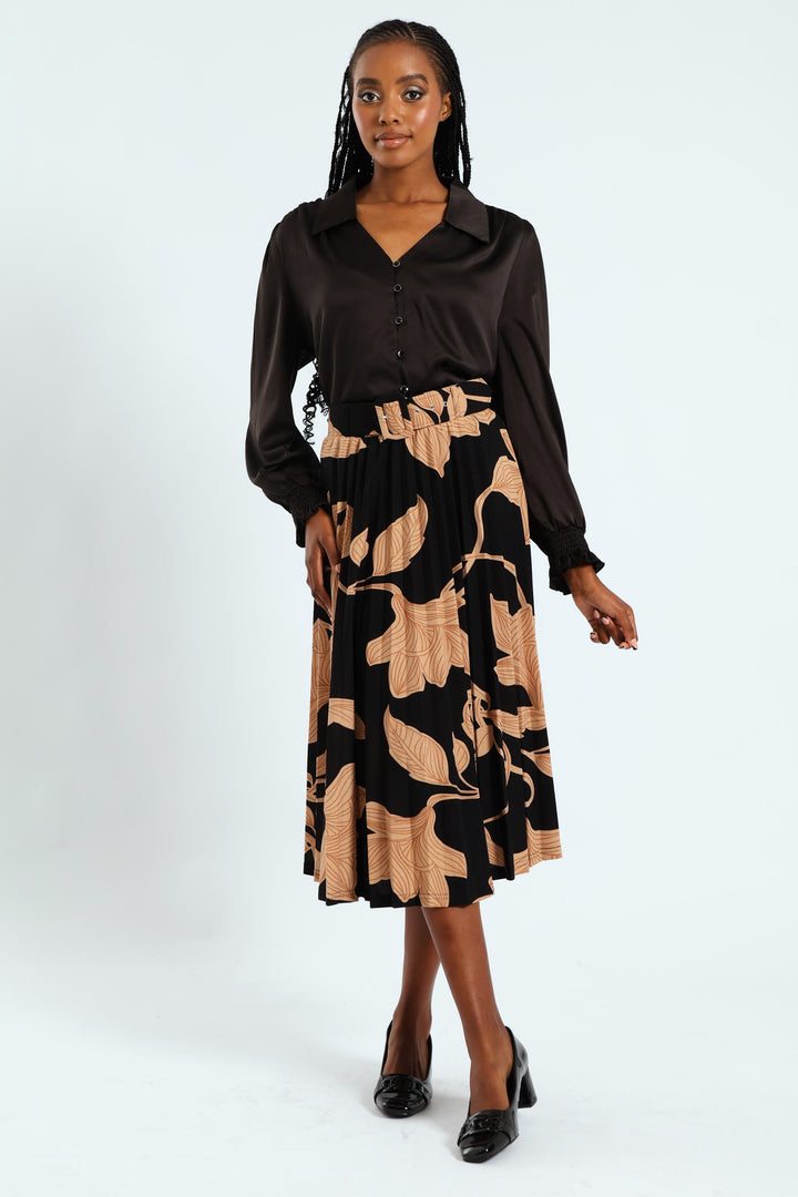 Monochrome Pleated Midi Skirt - Black/Tan