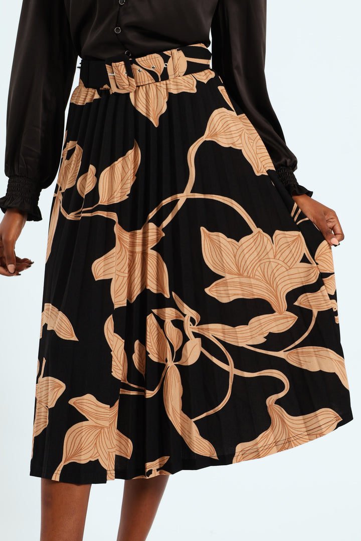Monochrome Pleated Midi Skirt - Black/Tan