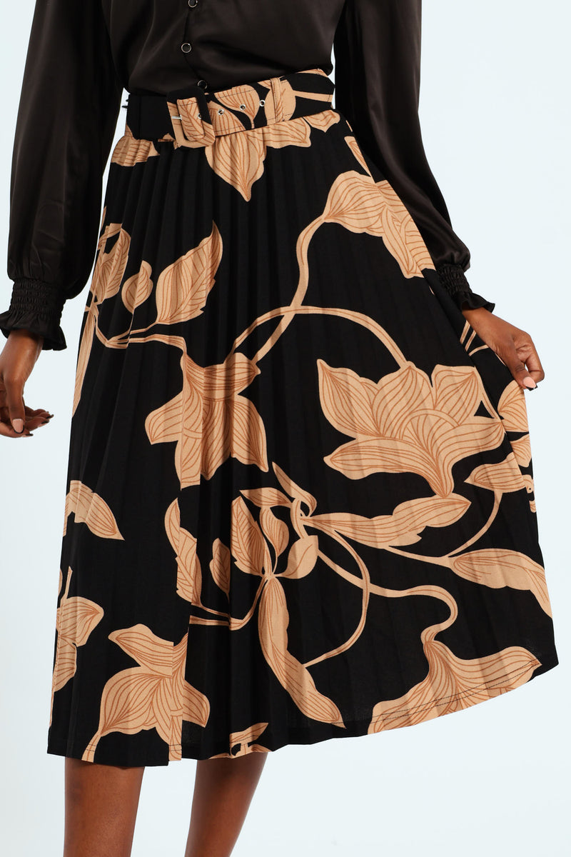 Monochrome Pleated Midi Skirt - Black/Tan