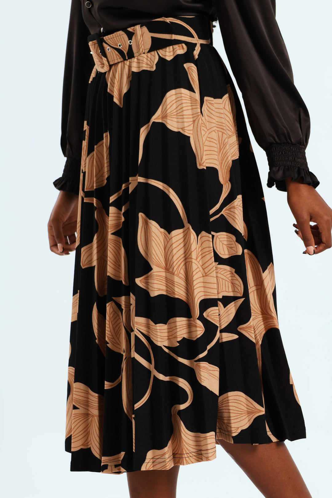 Monochrome Pleated Midi Skirt - Black/Tan