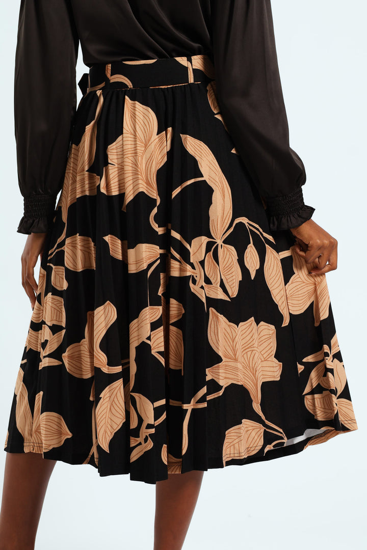 Monochrome Pleated Midi Skirt - Black/Tan