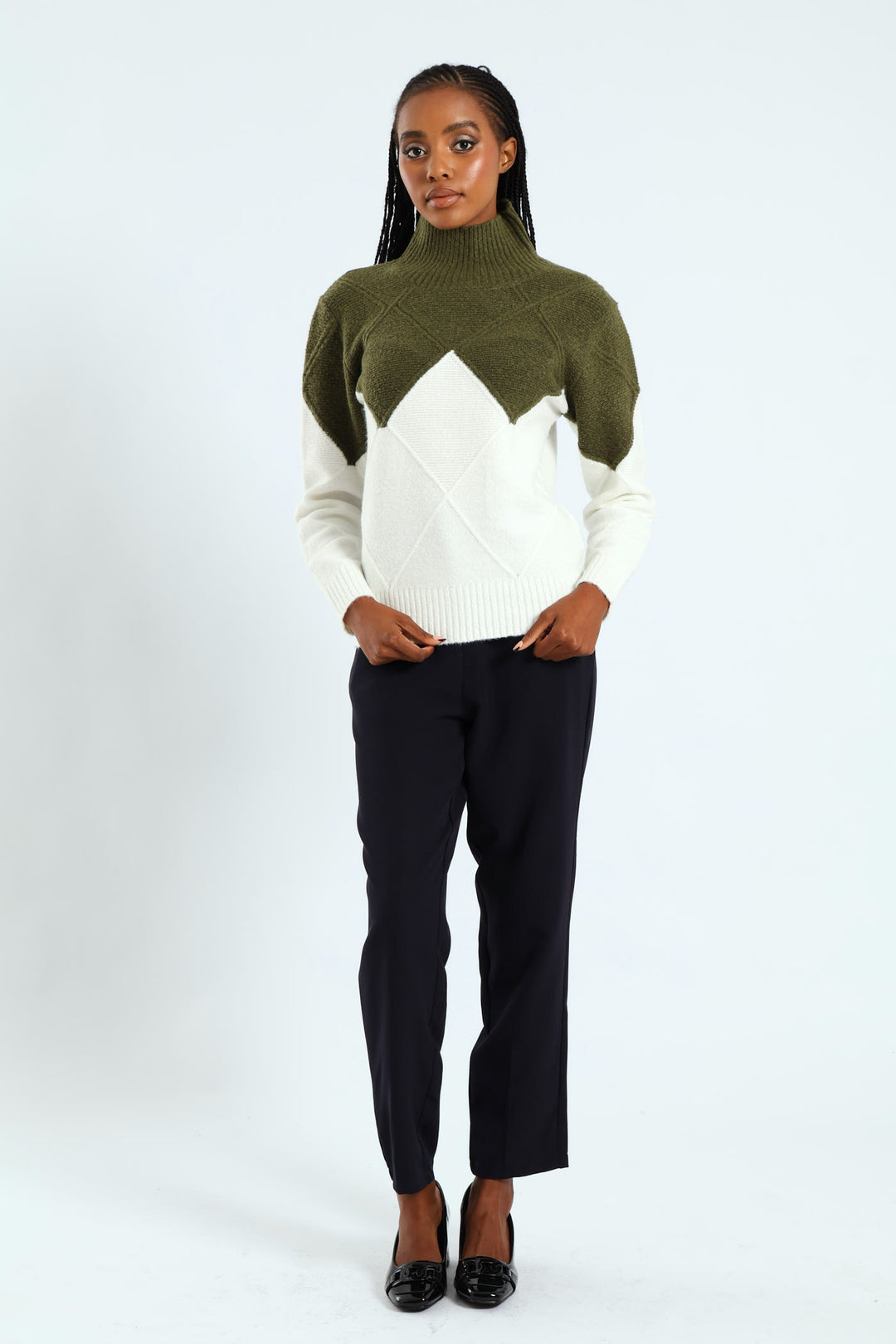 Colourblock Cable Knit Pullover - Green/Cream