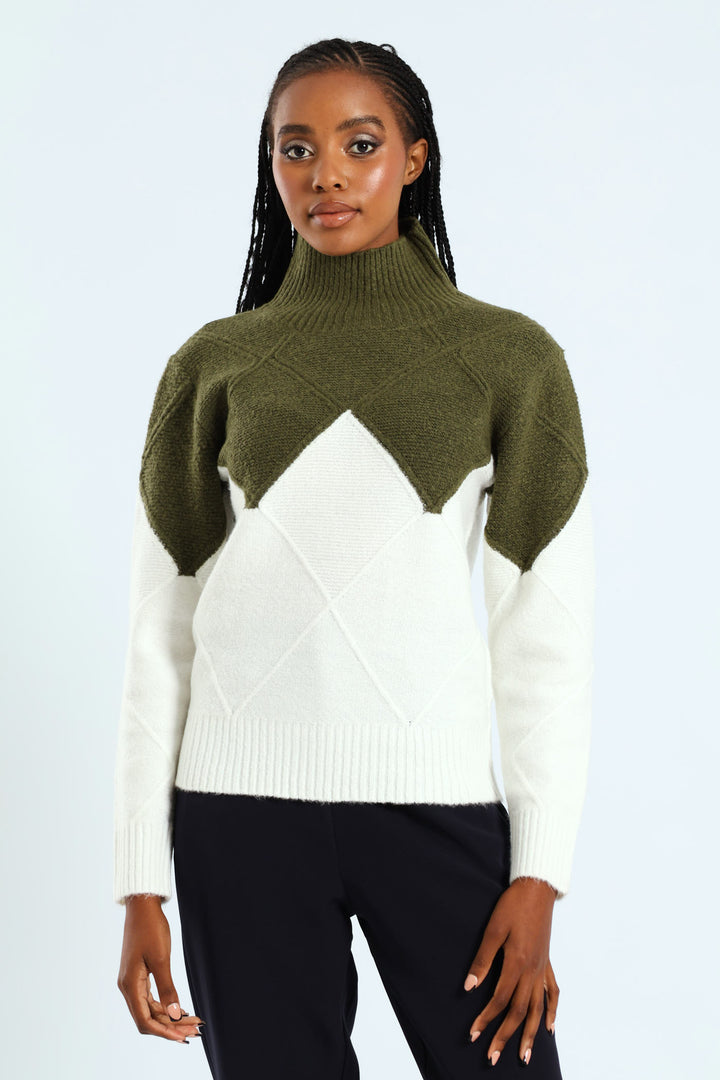 Colourblock Cable Knit Pullover - Green/Cream