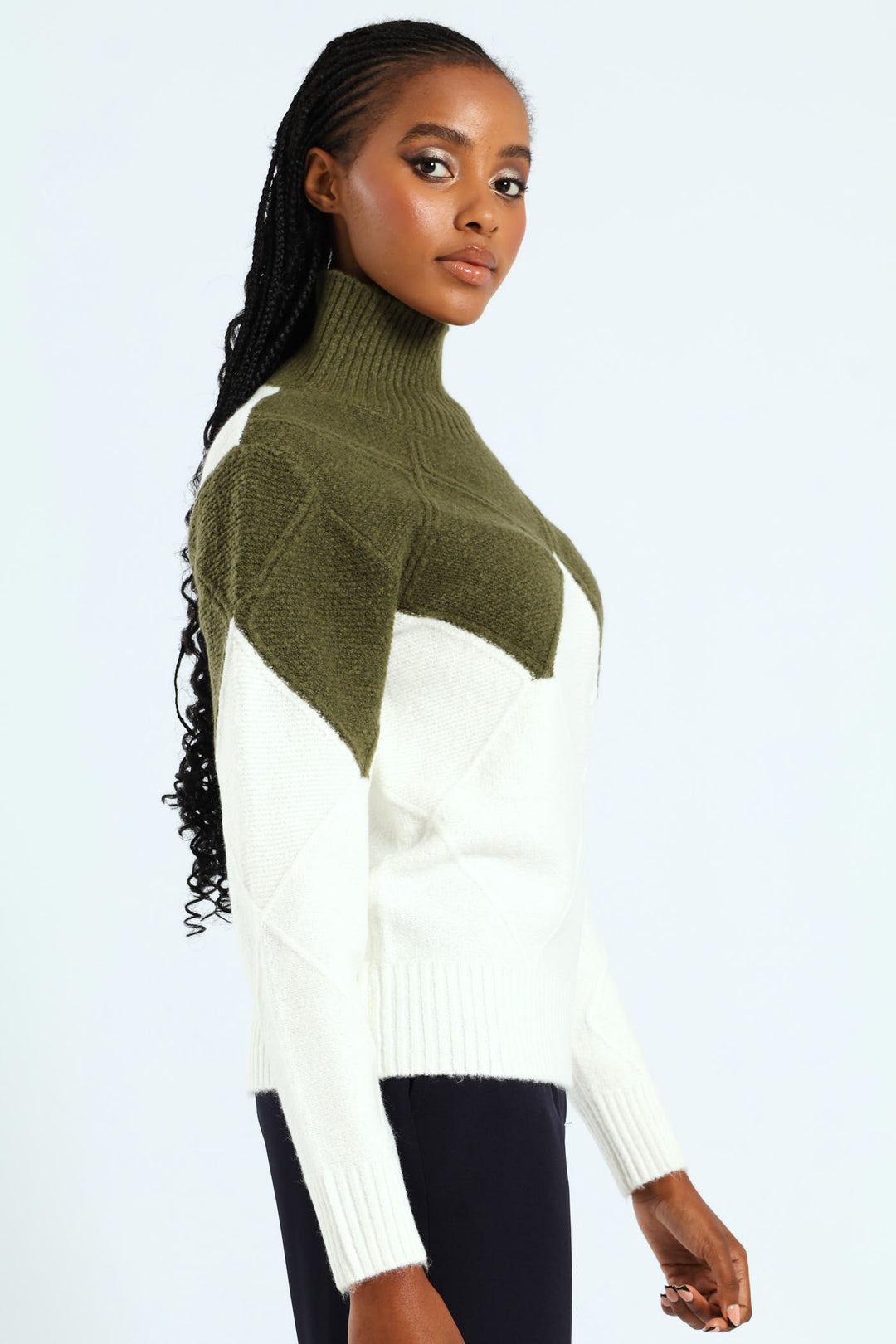 Colourblock Cable Knit Pullover - Green/Cream