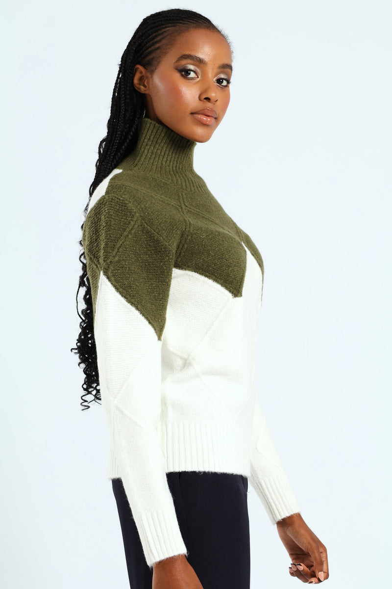 Colourblock Cable Knit Pullover - Green/Cream