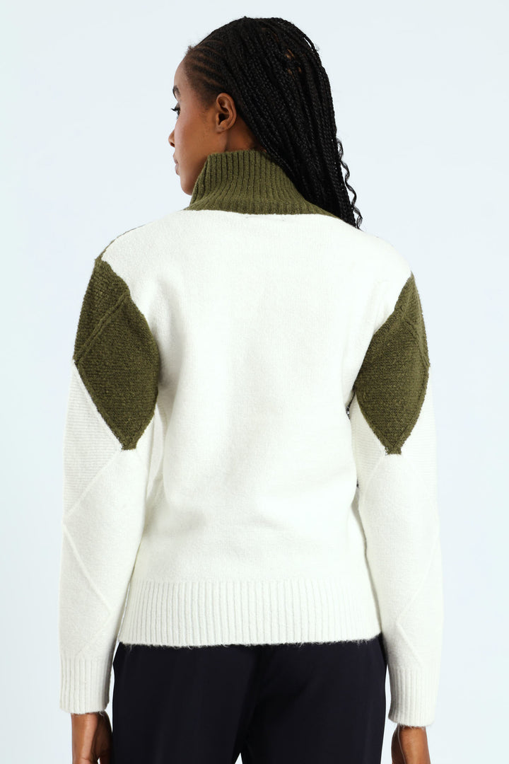 Colourblock Cable Knit Pullover - Green/Cream