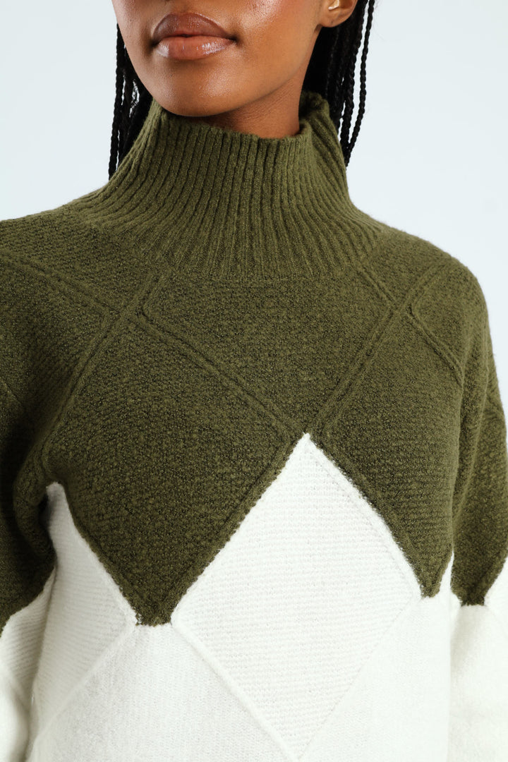 Colourblock Cable Knit Pullover - Green/Cream