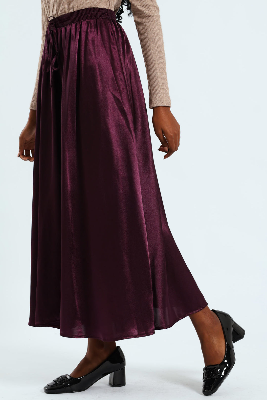 Pull-On Satin Twil Midaxi Skirt - Plum Noir