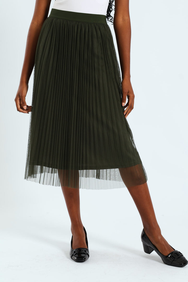 Pleated Mesh Midi Skirt - Olive