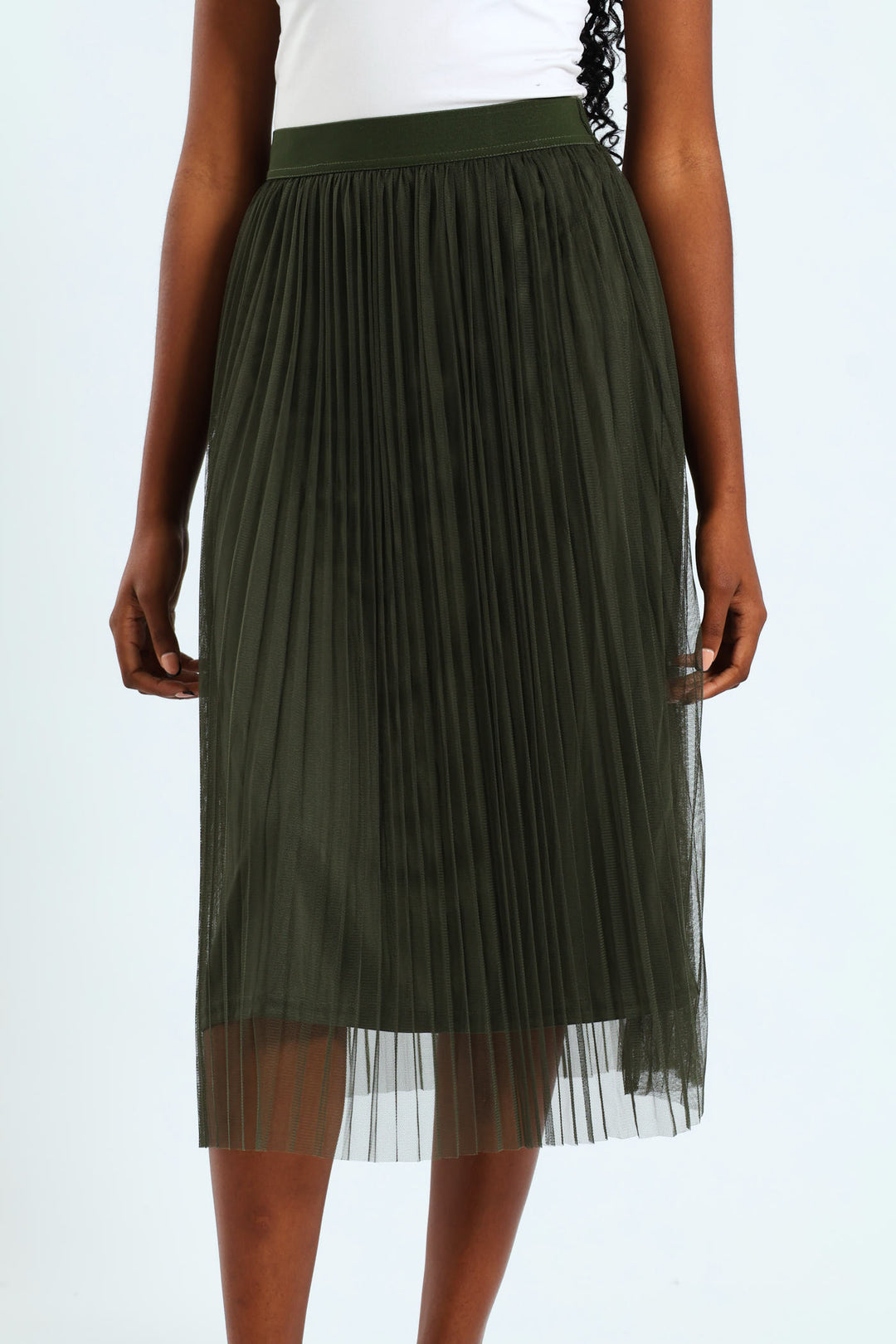 Pleated Mesh Midi Skirt - Olive