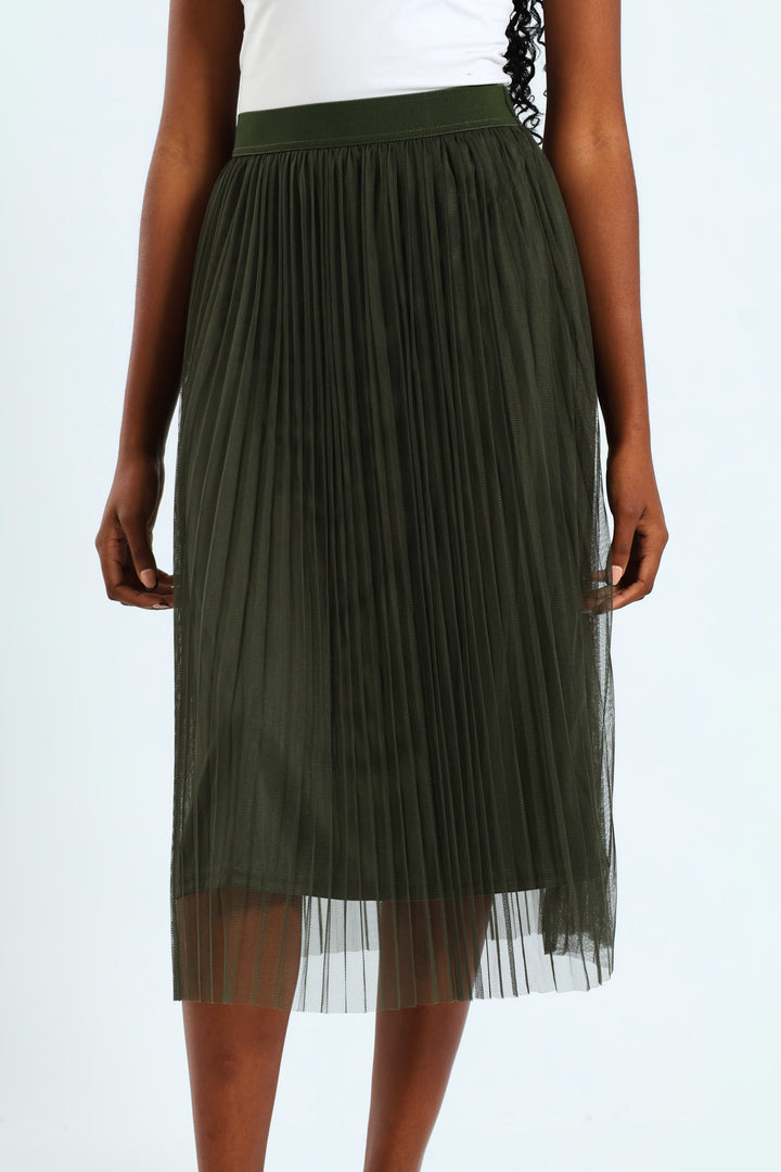 Pleated Mesh Midi Skirt - Olive