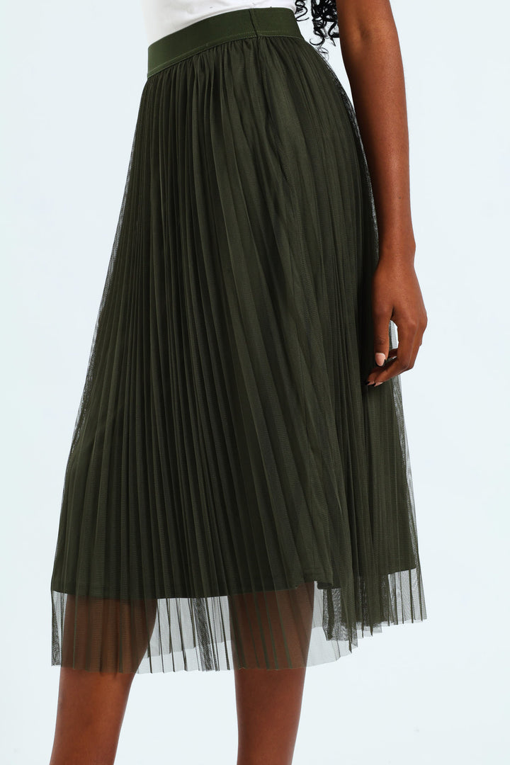 Pleated Mesh Midi Skirt - Olive