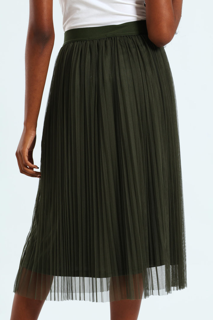 Pleated Mesh Midi Skirt - Olive