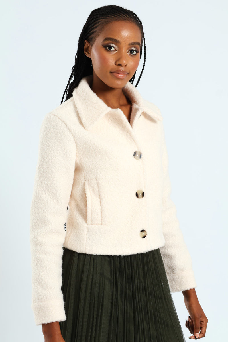 Button Through Boucle Trucker Jacket - Milk