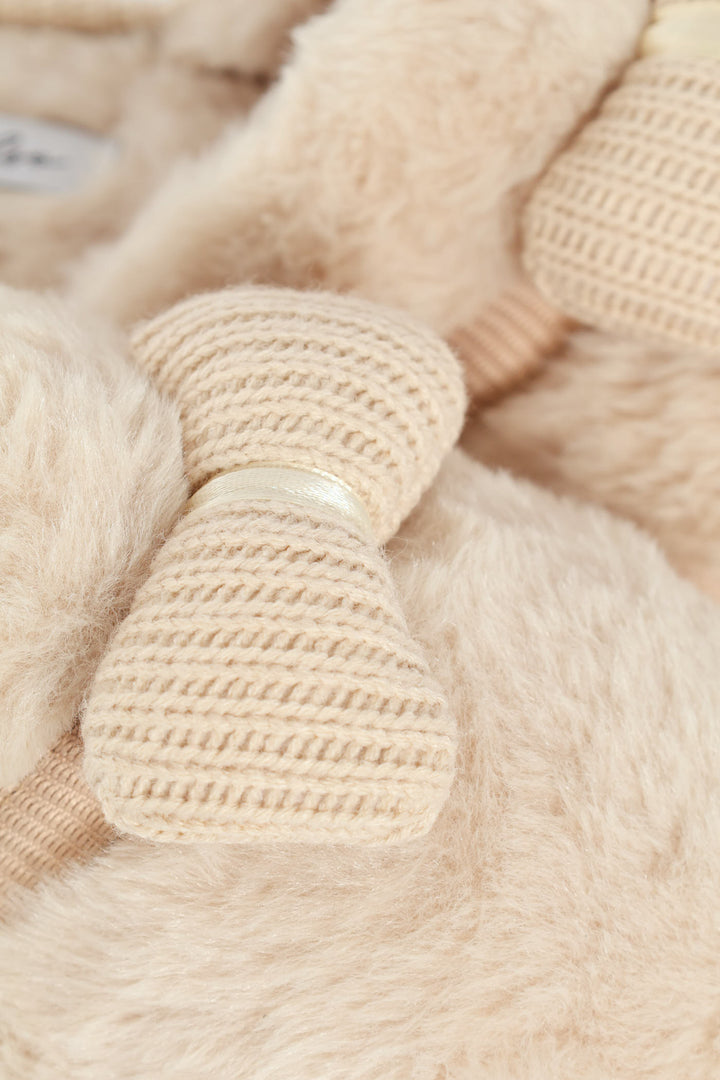 Puffed Knitted Bow Detail Closed Toe Slipper - Natural