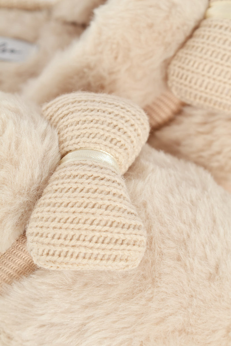 Puffed Knitted Bow Detail Closed Toe Slipper - Natural