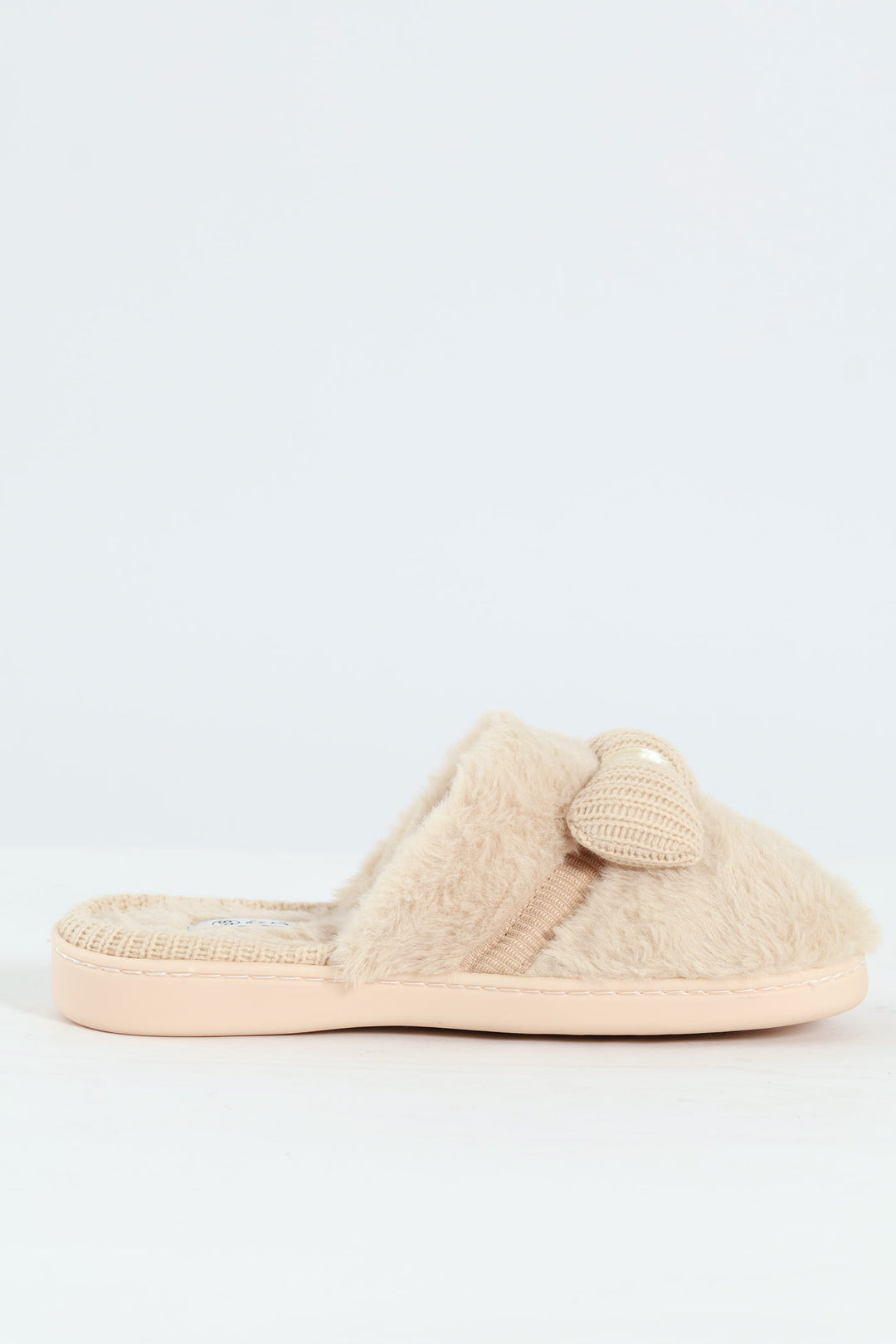 Puffed Knitted Bow Detail Closed Toe Slipper - Natural